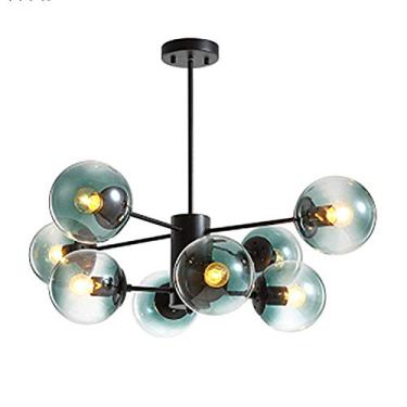 Imagem de Lustre semi-embutido preto fosco moderno de meados do século com abajur de vidro esférico, luminária de teto de 6 cabeças para decoração de sala de estar ou quarto na cor conhaque