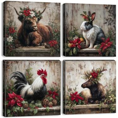 Imagem de Arte de parede de animais de fazenda com tema natalino de vaca alce highland arte de parede para sala de estar rústica fazenda galo coelho imagens em tela pôster botânico arte country decoração quarto