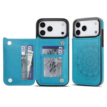 Imagem de Capa carteira para iPhone 17 Pro Max, anti-impressão digital com couro sintético durável e TPU, padrão mandala em relevo, à prova de choque, 3 compartimentos para cartão e suporte (azul)