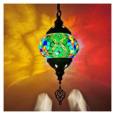 Imagem de Iluminação pendente Luz pendente feita à mão sombra de vidro colorido estilo boêmio mosaico luz suspensa cordão ajustável lustre decorativo sala de estar quarto (cor: verde)