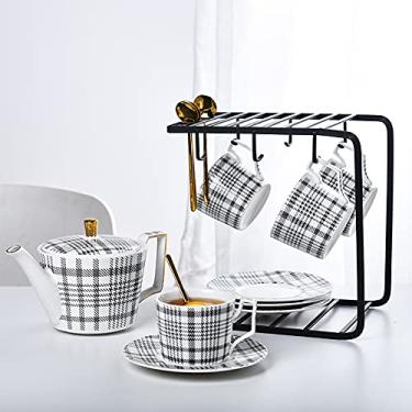 Imagem de Conjunto de chá de porcelana conjuntos de chá com bule de chá moderno conjunto de xícara e pires de café de cerâmica para escritório em casa, 4 xícaras (6 xícaras) (4 xícaras) (4 xícaras)