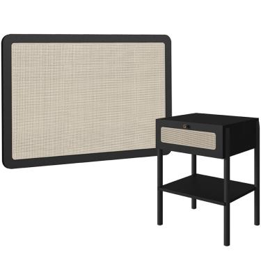 Imagem de Cabeceira Solteiro 90cm e 1 Mesa Lateral 1 Gaveta Madeira Moss A03 Nero Preto- Lyam Decor