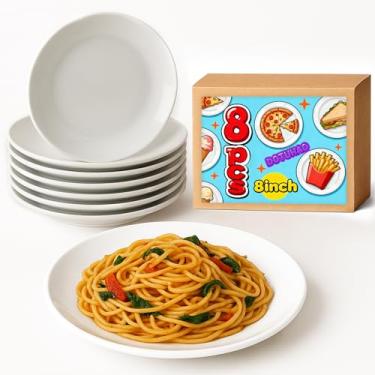 Imagem de DOTUHAO Conjunto de 8 pratos, pratos de cerâmica, prato de sobremesa branco, 20 cm, prato de aperitivo, máquina de lavar louça, micro-ondas, seguro para forno, esmalte liso, resistente a arranhões (8