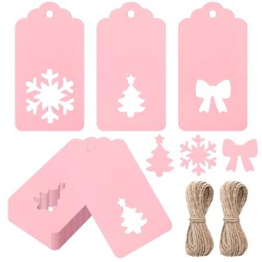Imagem de Civaner 120 etiquetas de presente rosa de Natal com cordão rosa nome pendurado etiqueta de papel com laço oco árvore de Natal floco de neve 5,6 x 9,4 cm etiqueta de embrulho de presente a granel para