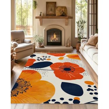 Imagem de Boho Tapete de outono com flores laranjas para sala de estar, tapete antiderrapante lavável de pelo baixo design abstrato, tapete de área que economiza espaço para quarto, sala de jantar