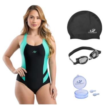 Imagem de Kit Maiô Natação Hidroginástica Touca Silicone Óculos Uv E Protetor De Ouvido (Preto/Verde Água - Óculos Preto, XGG)