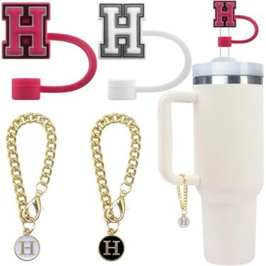 Imagem de 4 peças de acessório de garrafa de água com letras fofas compatíveis com copos Stanley, tampa de cobertura de canudo à prova de poeira de silicone, pingente de chaveiro de copo personalizado