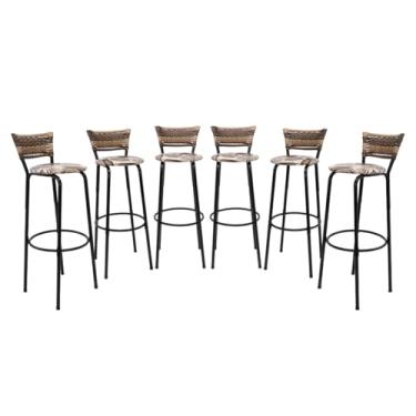 Imagem de Kit 6 Banquetas Altas 80cm Estrutura Preta Encosto Junco Cappuccino Ideal P/Bancada Cozinha Americana Bares Balcão Itagold (Assento Floral Marrom)