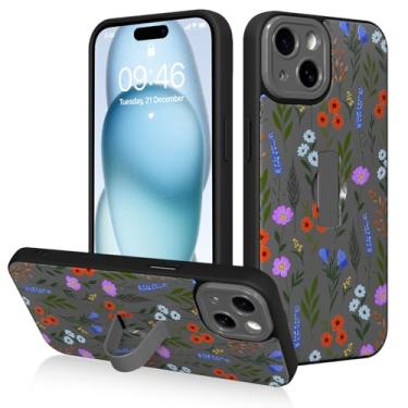 Imagem de AIGOMARA Capa para iPhone 15 com alça de dedo, design de estampa floral fofa para mulheres e meninas, capa protetora à prova de choque com suporte de mão antiarranhões, preta