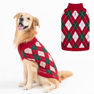 Imagem de PAWCHIE Suéter de cachorro para cães médios, suéter clássico de malha de gola rolê para o clima frio, pulôver xadrez macio, roupas quentes de inverno para animais de estimação, casaco para meninas e