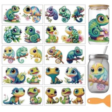 Imagem de arricraft 10 adesivos fofos de transferência de copo de PVC com tema camaleão, estampa de lagarto camaleão, à prova d'água, UV, para vidros de 473 ml, decoração de impressão de casa 24 x 11 cm