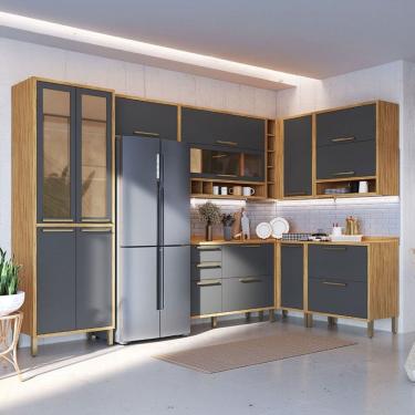 Imagem de Armário de Cozinha Modulada Canto com Balcão e Tampo 14 Portas 4 Gavetas ágata 100% Mdf Vidro Reflecta Amêndoa/Cinza - Pnr Móveis