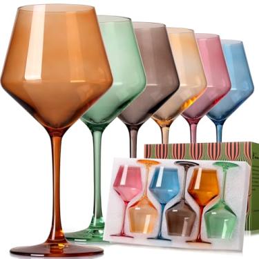 Imagem de ELERGIFTS Conjunto de taças de vinho coloridas sopradas à mão de 170 a 510 g taças de vinho coloridas com haste - conjunto de presentes de Natal/aniversário para amantes de vinho