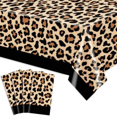 Imagem de AnyDesign Toalha de mesa descartável de plástico com estampa de leopardo 4 peças marrom safári animal retangular com borda preta para piquenique de festa em casa, 137 x 272 cm