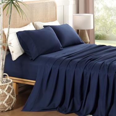 Imagem de Jogo de lençol solteiro de 3 peças, lençóis de cama de microfibra macia e respirável com bolso extra profundo de 40 cm, roupa de cama de hotel de luxo fácil de cuidar, azul marinho