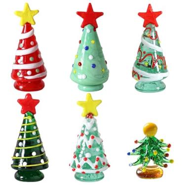 Imagem de Conjunto de enfeites de árvore de Natal de vidro feito à mão, 6 mini árvores com estrelas, decorações de mesa de 6,6 a 7,6 cm, estatuetas coloridas de vidro para casa, carro, escritório, festa