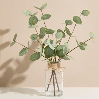 Imagem de Hastes artificiais de eucalipto de 33 cm em vaso de vidro com folhas artificiais de toque de água real, vasos de vegetação sintética, plantas falsas para mesas de centro, escritório, banheiro e