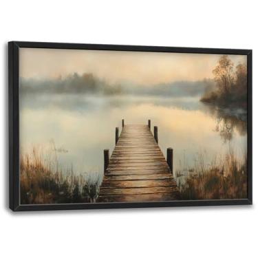 Imagem de Olivine Arte de parede grande, decoração de parede retrô com imagens de lago, pintura de cais, impressões em tela de paisagem natural, arte emoldurada para banheiro, quarto, sala de estar, escritório