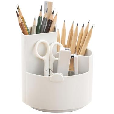 Imagem de TNDCKP Organizador de caneta de mesa de plástico giratório 360 com 3 compartimentos, artigos de papelaria de mesa, copo de lápis de dupla finalidade para escritório, escola, casa (branco)