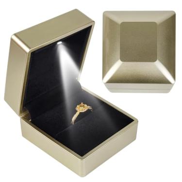 Imagem de KEISIMI Caixa de anel de luxo com luz LED, caixa de anel para proposta, noivado, casamento, caixa de joias de luxo quadrada com luz LED para joias - ouro