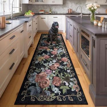 Imagem de GERUIMO Tapete de corredor lavável de 6 x 20 cm, tapete de área de corredor de cozinha, floral boho vintage preto, tapete ultra antiderrapante, tapete de lã sintética macia, adequado para crianças e