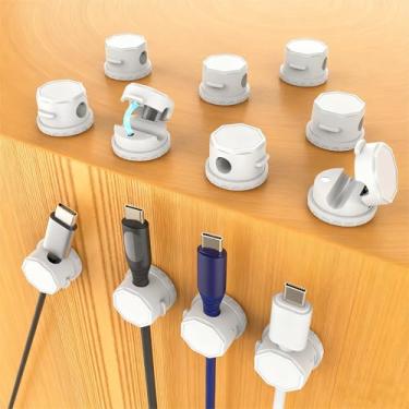 Imagem de Pacote com 6 clipes de cabo magnético, organizador de cabos ajustável rotativo de 360°, suportes de fio adesivos fortes para mesa, parede, carro, mesa de cabeceira, escritório em casa e gerenciamento