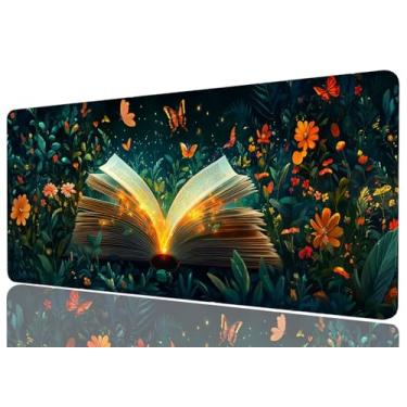 Imagem de Tapete de mesa verde flores vibrantes borboleta estendida mouse pad com borda costurada base antiderrapante grande mouse pad escritório computador teclado laptop casa, 31,5 x 11,8 polegadas