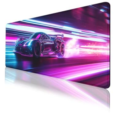 Imagem de Mouse pad para jogos de carro, corrida de carros esportivos neon futuro alta tecnologia grande tapete de mouse para jogos com bordas costuradas, base de borracha antiderrapante à prova d'água tapete