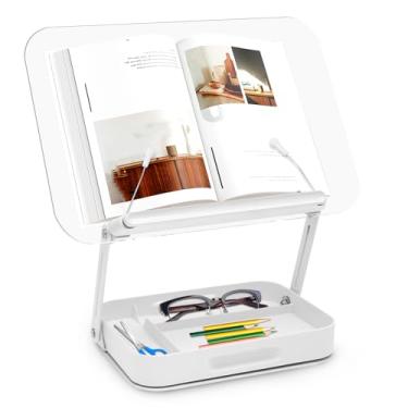 Imagem de Suporte de acrílico para leitura com gaveta de armazenamento, suporte de livro ajustável com bases giratórias de 360° e compartimento para caneta, elevador de exibição multifuncional para mesa