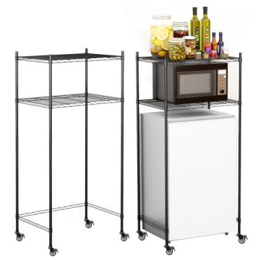 Imagem de QonicFly Suporte de mini geladeira ajustável de 2 camadas com rodas, prateleira de armazenamento de metal para micro-ondas e cozinha, organizador que economiza espaço para dormitório, apartamento