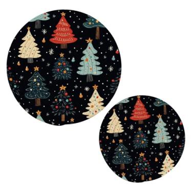 Imagem de Blueangle 2 peças de suporte de panela de trivet de árvores de Natal de desenho animado - conjunto de pegadores de panela de tecido redondo - almofadas quentes trançadas de algodão - porta-copos