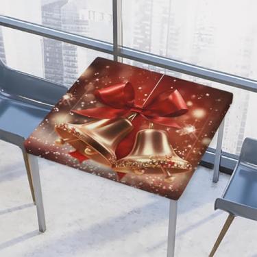 Imagem de hongjinglin Toalha de mesa quadrada para uso ao ar livre com borda elástica justa, sinos limpáveis, toalha de mesa bonita de Natal para decoração de cozinha para mesas de 117 x 117 cm