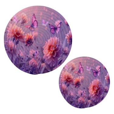 Imagem de Blueangle 2 peças de suporte de panela de borboleta roxa - conjunto de pegadores de panela de tecido redondo - almofadas quentes trançadas de algodão - porta-copos - tapetes de mesa para cozinhar e