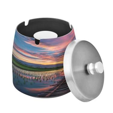 Imagem de Blueangle Cinzeiro de ponte de madeira com tampa para cigarros, à prova de vento/chuva, aço inoxidável, sem fumaça, inodoro, cinzeiro para uso interno ou externo (418)