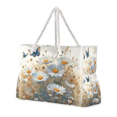 Imagem de ATTX Aquarela Prado Margaridas Bolsas de Praia para Mulheres - Bolsas de Praia Grandes com Zíper Impermeável À Prova de Areia Saco de Piscina Bolsa Grande #288