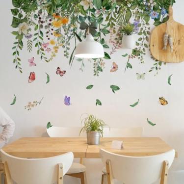 Imagem de Decalques de parede de videira verde pendurados, decoração de arte de flores de plantas naturais com adesivos de pássaros e borboletas, adesivo de vinil à prova d'água, fundo de sala de estar