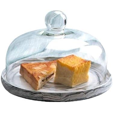 Imagem de uhyOHF Bandeja de exibição de sobremesa caixa de bolo redonda doméstica cúpula de vidro e prato de cerâmica bandeja de degustação de frutas para hotel loja de bolos pastelaria para bolo, frutas, A-25