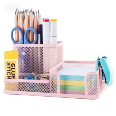 Imagem de M&G Porta-canetas de malha, organizador de lápis para mesa, rosa, 3 compartimentos, organizador de material de escritório de metal com suporte de notas adesivas para escola, casa, escritório