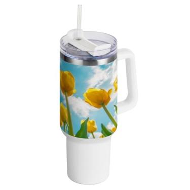 Imagem de Kigai Copo de tulipa dourada de 1,134 g com tampa e palha, copo isolado de aço inoxidável durável à prova de vazamento com alça, garrafas de água à prova de derramamento para viagens