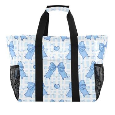 Imagem de Wassud Blue Bows and Hearts Sacolas de mercearia reutilizáveis grande bolsa organizadora de lona impermeável para praia, piquenique, lavanderia, viagem