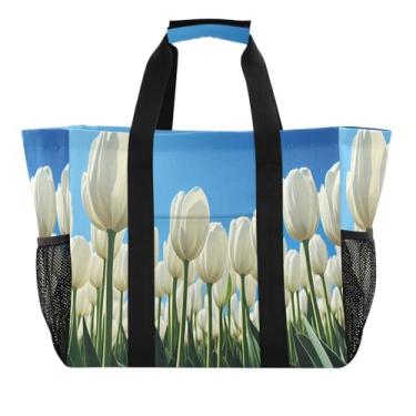 Imagem de Wassud Tulip Sunny Sacolas de mercearia reutilizáveis grande bolsa organizadora de lona impermeável para praia, piquenique, lavanderia, viagem