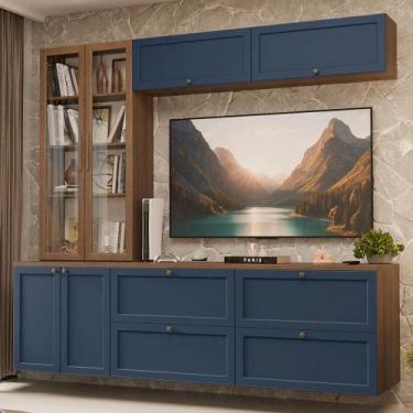 Imagem de Estante Sala de Estar com Rack + Cristaleira 230cm Rustic/Azul/Rustic 