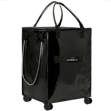 Imagem de Bolsa de compras reutilizável com rodas, alça estendida com zíper dobrável, carrinho de compras grande, bolsa de armazenamento leve, preta