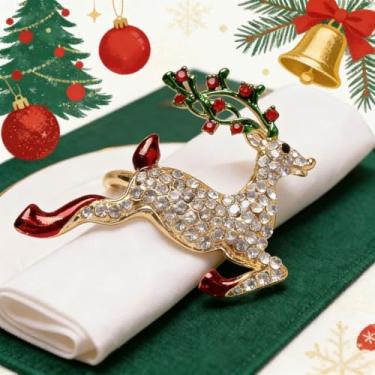 Imagem de Anéis de guardanapo de rena e guirlanda, conjunto de liga metálica de 2 peças para decoração de mesa de Natal. Apresenta designs festivos de férias para ambientes elegantes.