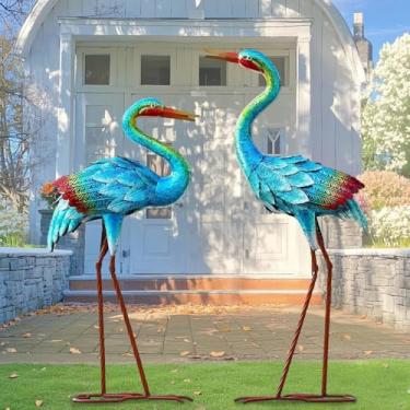 Imagem de Natelf Estátuas de guindaste de jardim para decoração ao ar livre, conjunto de 2 esculturas de garça azul, ornamentos de gramado de pássaros grandes de metal para decorações de pátio e lagoa