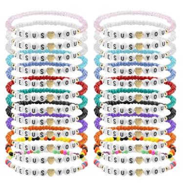 Imagem de poosenniol 24 pulseiras Jesus Loves You Pulseiras de amizade a granel joias cristãs presentes de Páscoa para mulheres homens presente religioso inspirador, Resina