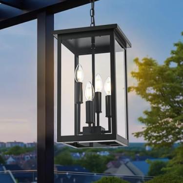 Imagem de Yaohong Luminária pendente interna de 4 luzes, luzes suspensas pretas grandes de 43 cm, suporte de teto com vidro transparente, lanterna externa ajustável para hall de entrada de varanda
