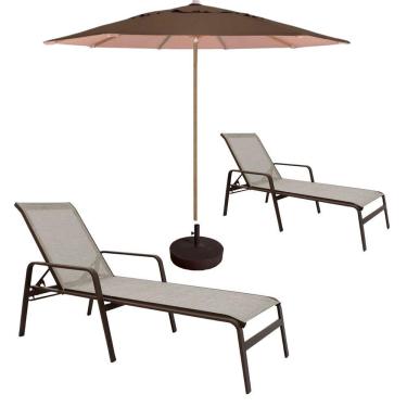 Imagem de Kit 2 Espreguiçadeiras Piscina Sevilha + Guarda Sol Praia Com Base Capuccino