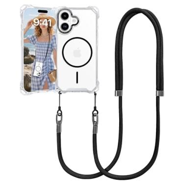 Imagem de VooDirop Capa para iPhone 16 com cordão transversal, compatível com MagSafe, capa magnética transparente com alça ajustável, proteção contra quedas à prova de choque, para iPhone 16 de 6,1 polegadas