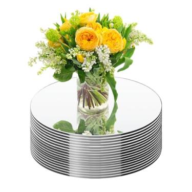 Imagem de Pacote com 17 peças redondas espelhadas para centros de mesa, azulejos de parede circulares, espelhos redondos para montagem na parede, bandeja de vela adesiva para mesa de aniversário de casamento